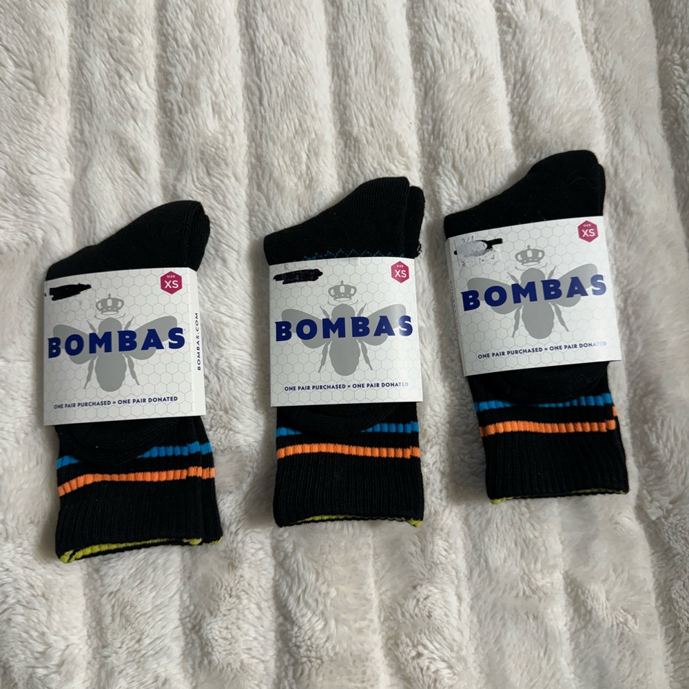 Lot of Three Bombas XS Youth Size 1.5-85 Solid Black Calf Socks Stripes NWT
